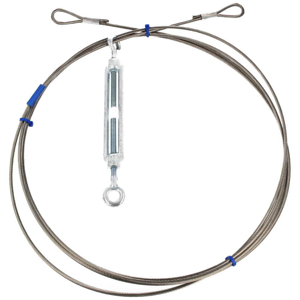 62.43.3500.18 Goot-nok-gootkabel rvs, HOH-lengte: 3500 mm Ø3 mm 2x lusmaat=30 mm met spanwartel M6 oog-oog DIN 1480 en blauwe huls